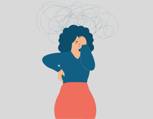 ilustraciones, imágenes clip art, dibujos animados e iconos de stock de la mujer deprimida tiene dolor de cabeza y no puede ponerse de pie. niña sufre de ansiedad. - inconveniencia ilustraciones