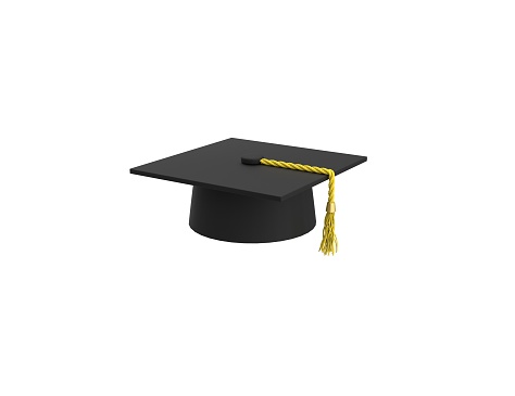 High quality 3d render of a black mortarboard isolated on white background. Horizontal composition with copy space. Clipping path is included.