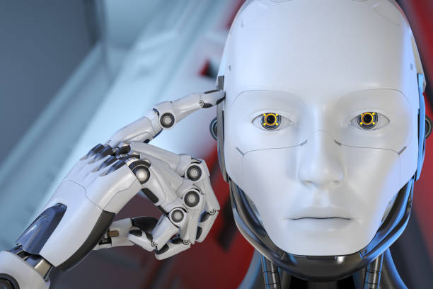 istock The robot put his finger to the head 1334886470