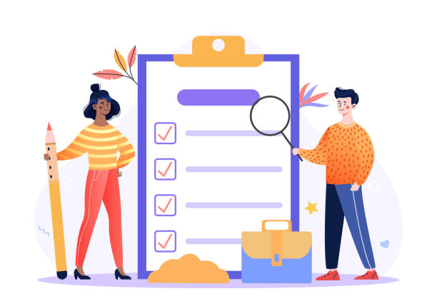 Concept of Checklist Concept of Checklist. Characters doing quality checks for documents and reports. Analytics team study feedback on product. Client answers. Cartoon flat vector illustration isolated on white background household chores stock illustrations