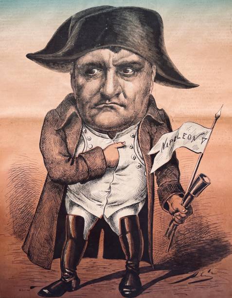ilustraciones, imágenes clip art, dibujos animados e iconos de stock de triste napoleón de pie con bandera y prismáticos - napoleón iii