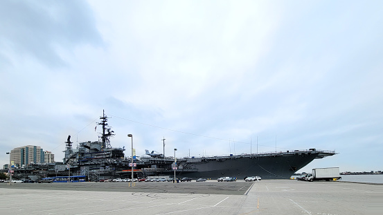 San Diego, CA - August 18: Unites States aircraft carrier Midway, CVB 41, in San Diego Bay continuing its service as museum at present time