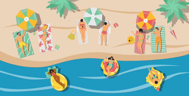 stockillustraties, clipart, cartoons en iconen met top view of seacoast with people swimming in the sea, flat vector illustration. - sunbathing