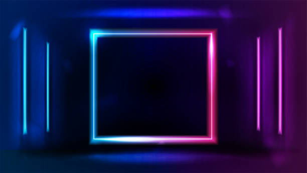 istock Pink and blue gradient neon blank square frame with line neon lamp in dark room on wall 1334893715