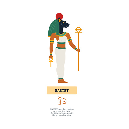 Bastet or Bast ancient Egyptian goddess of love, flat vector illustration isolated on white background. Banner with Bastet deity of religion of ancient Egypt.