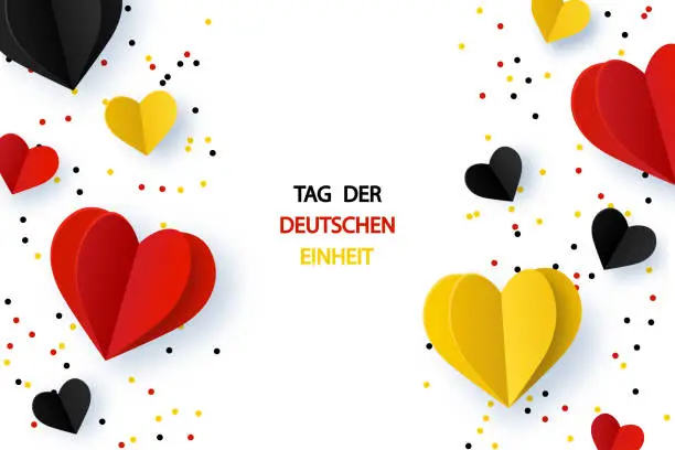 Vector illustration of Background with Germany flags in heart shape and confetti. German Unity day - Tag der Deutschen Einheit.