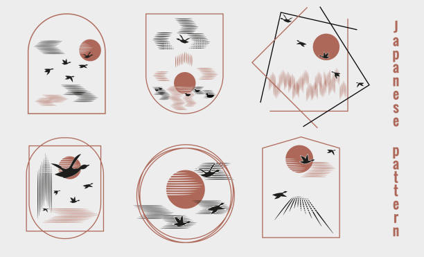 istock Seagulls fly into bright sun. Minimalist pattern in Japanese style. Sea, clouds in sky, forest, trees on white background with black birds.  Set of vector illustrations in frame. 1334897465