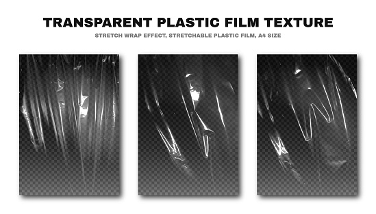 Transparent plastic film texture, stretchable polyethylene film, A4 size. Plastic stretch film effect with crumpled and wrinkled texture