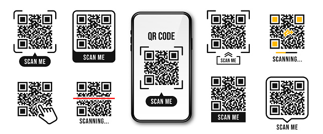 QR code, Quick Response code. QR code templates frames. Scan me, scanning tags of QR code. Set of templates for payment, link, application etc. Vector