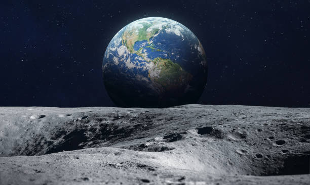 Moon surface and blue Earth planet in deep space. Artemis program. Elements of this image furnished by NASA Moon surface and blue Earth planet in deep space. Artemis program. Elements of this image furnished by NASA (url:https://earthobservatory.nasa.gov/blogs/elegantfigures/wp-content/uploads/sites/4/2011/10/land_shallow_topo_2011_8192.jpg) meteor crater photos stock pictures, royalty-free photos & images