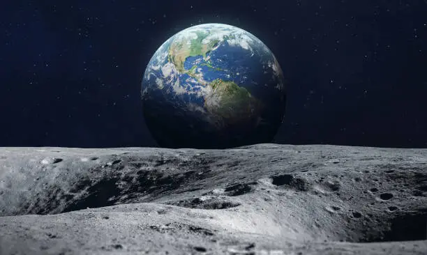 Moon surface and blue Earth planet in deep space. Artemis program. Elements of this image furnished by NASA (url:https://earthobservatory.nasa.gov/blogs/elegantfigures/wp-content/uploads/sites/4/2011/10/land_shallow_topo_2011_8192.jpg)