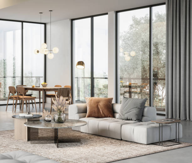 luxuriöses modernes interieur eines wohnzimmers in 3d - showcase interior home interior contemporary luxury stock-fotos und bilder