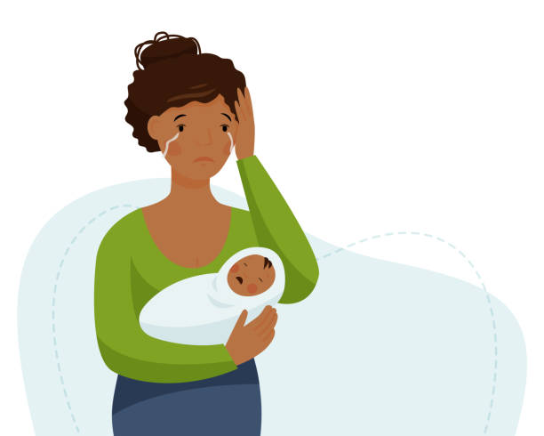 Postpartum depression. African woman is crying and holding a crying baby. Maternity crisis. Postpartum depression. African woman is crying and holding a crying baby. Maternity crisis. Vector flat illustration. crying baby cartoon stock illustrations
