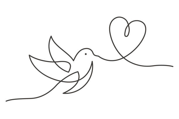 bird heart one line Continuous line drawing of bird carrying a heart. Bird flying with heart. Vector illustration continuous line drawing bird stock illustrations