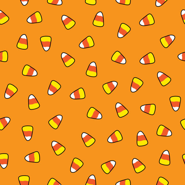 Orange Candy Corn Seamless Pattern Vector seamless pattern of cute candy corn on a square orange background. candy corn stock illustrations