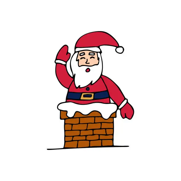 Vector illustration of Colorful doodle illustration of Santa Claus in chimney. Colorful illustration of santa claus happily waving from chimney