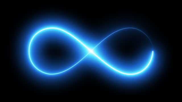 Seamless loop animation. Infinity symbol. Neon glowing blue light on black background. Eternity concept. Mathematical symbol