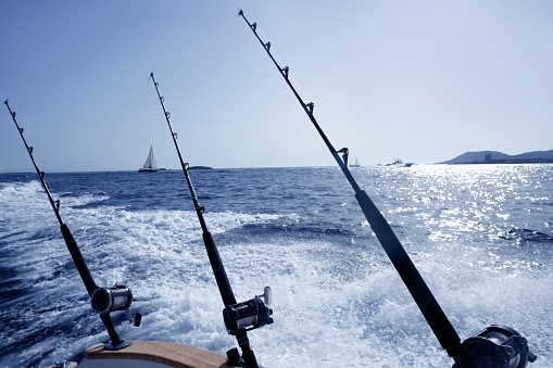 Boat trolling fishing on Mediterranean Ibiza Balearic Islands
