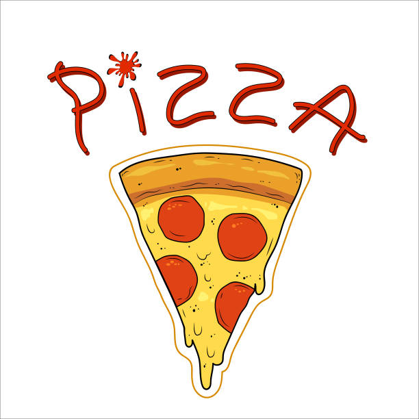 Sliced pizza with cheese and sausage. "Pizza" ketchup lettering. Flat vector illustration. Sliced pizza with cheese and sausage. "Pizza" ketchup lettering. Flat vector illustration. pizza slice stock illustrations