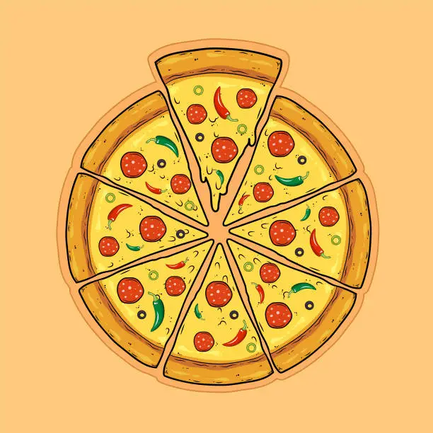 Vector illustration of Sliced pizza with olives, peppers, sausage, salami and cheese. Flat vector illustration.