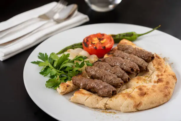 Turkish shish meatball traditional kofte. Spicy meatballs Kebab or Kebap.