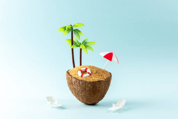 istock Creative background with coconut fruit and palm tree on pastel blue background. Summer holiday concept. 1334917067