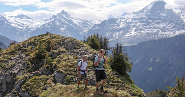 istock Father and son hike along sunny mountain ridge 1334919330