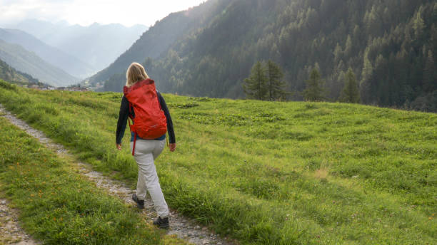 view of woman hiking up rural road through meadow - footpath field nature contemplation imagens e fotografias de stock