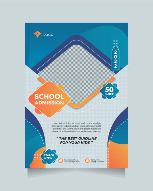 Creative Flyer & Brochure School Education Admission Design Template. Modern Blue Orange Design Vector With A Image Placeholder With A4 Format Size Creative flyer and brochure school education admission design template. Blue orange design vector with a photo collage with a4 format size high school enrollment stock illustrations