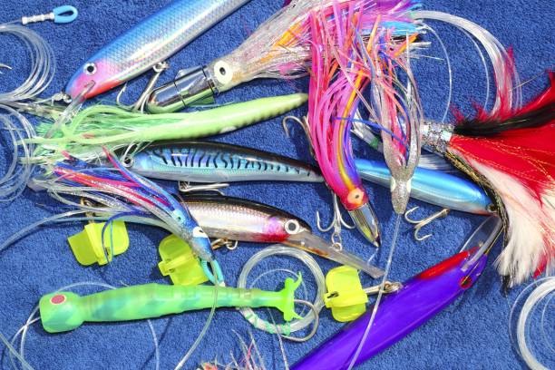 big game fishing lures hook for tuna marlin big game fishing hook lures for tuna marlin wahoo saltwater ocean fish fishing bait photos stock pictures, royalty-free photos & images