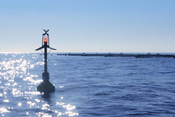 fish farm on blue ocean sea horizon