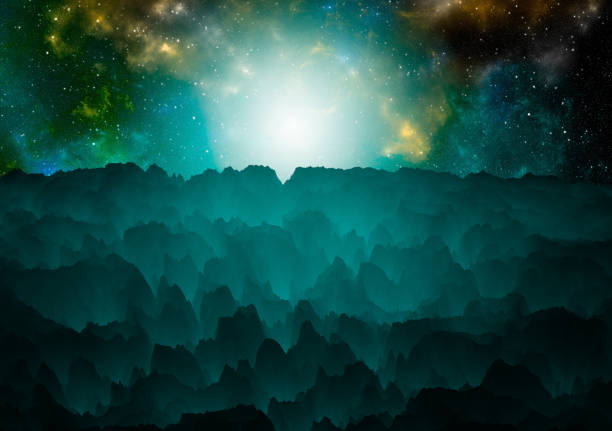 View from an unknown asteroid to the galaxy, rock formations, mountains. 3d illustration.
