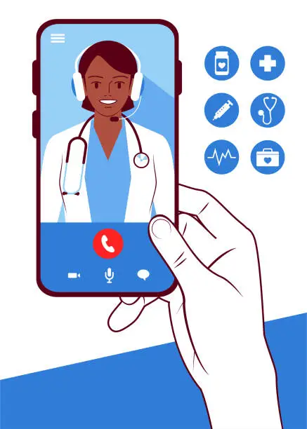 Vector illustration of Telemedicine helps doctors and patients stay connected during Covid-19, the female doctor on the smartphone screen talking online with the patient