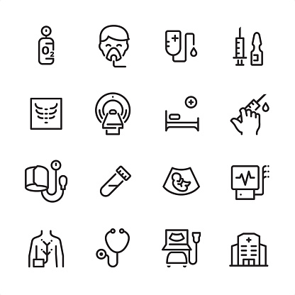16 line black on white icons / Set #112
Pixel Perfect Principle - all the icons are designed in 48x48pх square, outline stroke 2px.

First row of  icons contains:
Oxygen Tube, ICU Ventilator, Hospital Dropper, Syringe & Ampoule (Vaccination);

Second row contains: 
X-ray, MRI Scanner, Medical Bed, Blood Test;

Third row contains: 
Blood Pressure Gauge, Medical Test, Ultrasound Baby, Ekg Device; 

Fourth row contains: 
Cardiogram, Stethoscope, Ultrasound, Hospital.

Complete Inlinico collection - https://www.istockphoto.com/collaboration/boards/2MS6Qck-_UuiVTh288h3fQ
