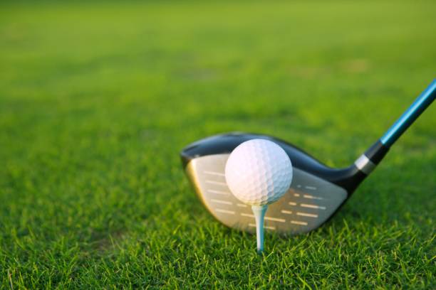 istock Golf tee ball club driver in green grass course 1334928385