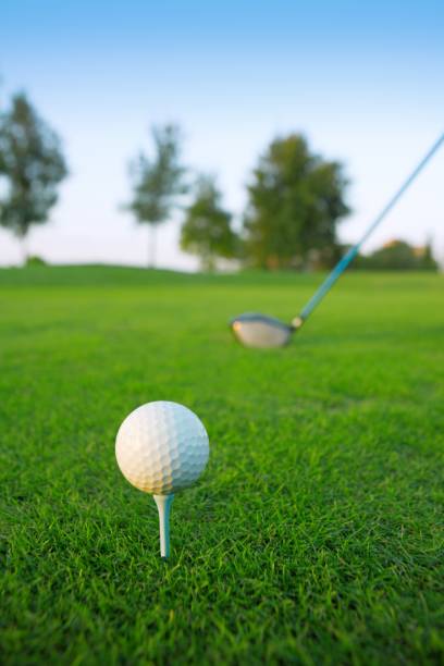 golf tee ball club driver in green grass course - horizon over water white green blue imagens e fotografias de stock