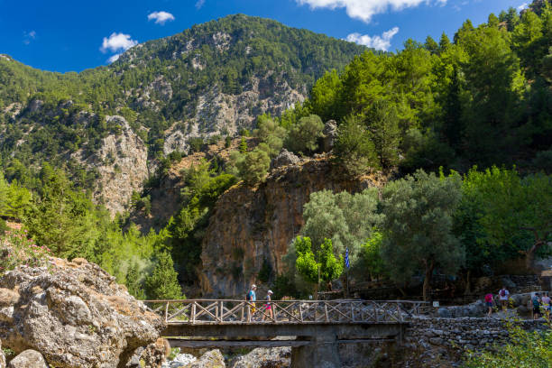 Hikers in the spectacular mountain and forest scenery of the Samaria Gorge on the Greek island of Crete Hikers in the spectacular mountain and forest scenery of the Samaria Gorge on the Greek island of Crete crete photos stock pictures, royalty-free photos & images