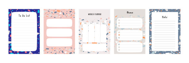 ilustrações de stock, clip art, desenhos animados e ícones de set collection of colorful blank memo note letter file document diary book template layout with abstract terrazzo seamless pattern. modern minimalistic trendy abstract background - document data filing documents collection