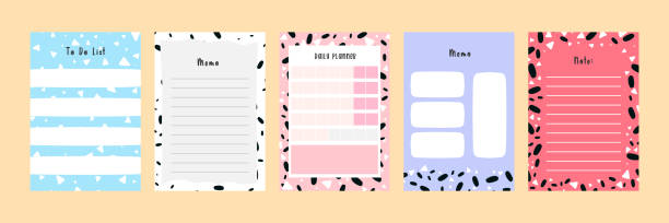 ilustrações de stock, clip art, desenhos animados e ícones de set collection of colorful blank memo note letter file document diary book template layout with abstract terrazzo seamless pattern. modern minimalistic trendy abstract background - document data filing documents collection