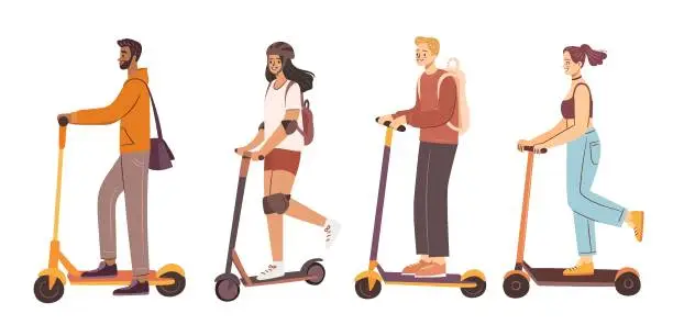 Vector illustration of People on scooters. Man and woman riding electric scooter. E-scooter and kick-scooter for rent. Hand drawn flat vector illustration