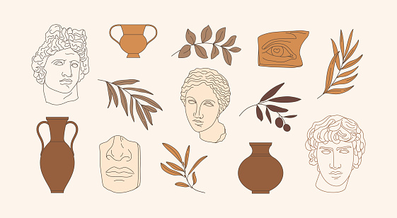 Set of Antique Greek Sculpture of Apollo and Aphrodite, Ancient Vases and Olive Branches in a Minimal Liner Trendy Style. Vector Contemporary Illustration in Terra colors for create Logos, Patterns