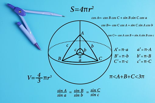 A picture of geometry compass with sphere shape, trigonometry and geometry formula.