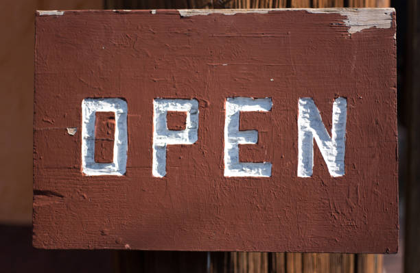 istock Rustic Brown Wood OPEN Sign Close-Up 1334936305
