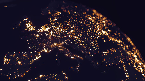 Europe's city lights view from space.\n(World Map Courtesy of NASA: https://visibleearth.nasa.gov/view.php?id=55167)