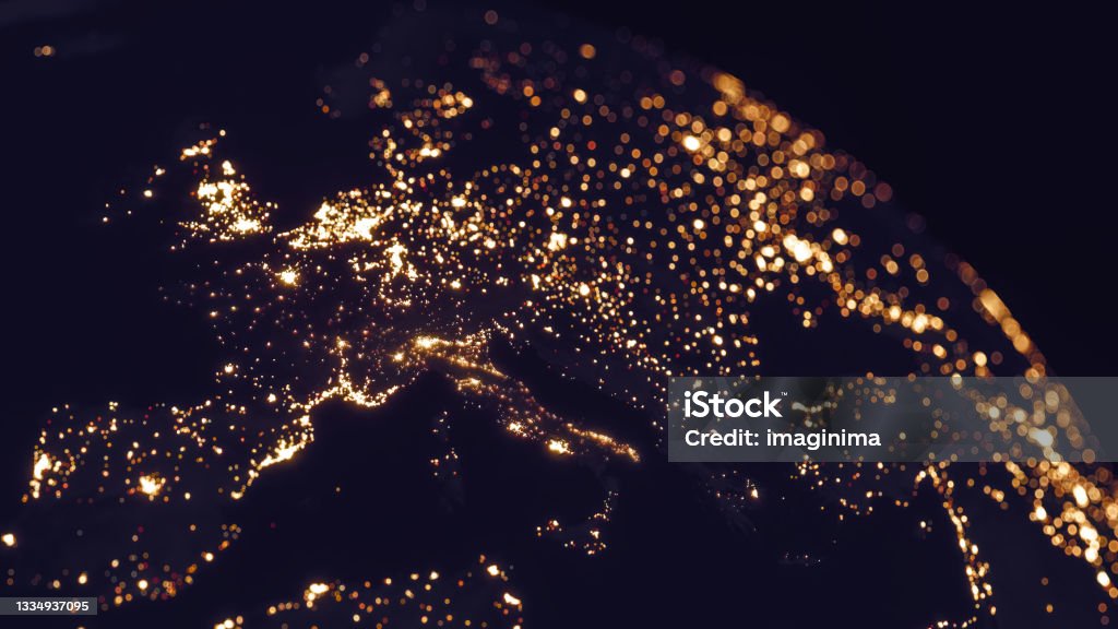 Europe At Night View From Space Europe's city lights view from space.
(World Map Courtesy of NASA: https://visibleearth.nasa.gov/view.php?id=55167) Globe - Navigational Equipment Stock Photo