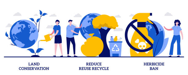 istock Land conservation, RRR - reduce reuse recycle, herbicide ban concept with tiny people. Plants growing, nature protection, natural fertilizers use abstract vector illustration set. 1334944981