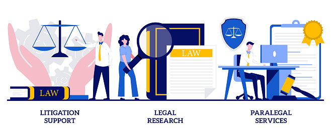 Litigation support, legal research, paralegal services concept with tiny people. Law firm vector illustration set. Forensic accounting, consulting, data collection, attorney legal work metaphor.