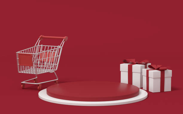 istock Empty merchandise stage with shopping cart and present box, 3d rendering. 1334946624