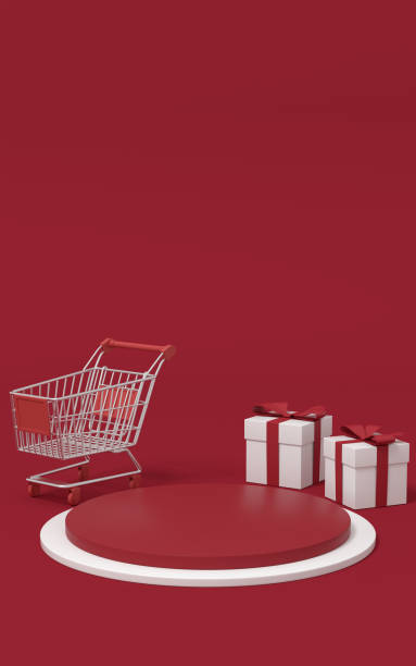 istock Empty merchandise stage with shopping cart and present box, 3d rendering. 1334946625