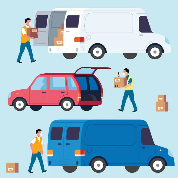 Vector illustration of Loading and unloading contactless delivery packages